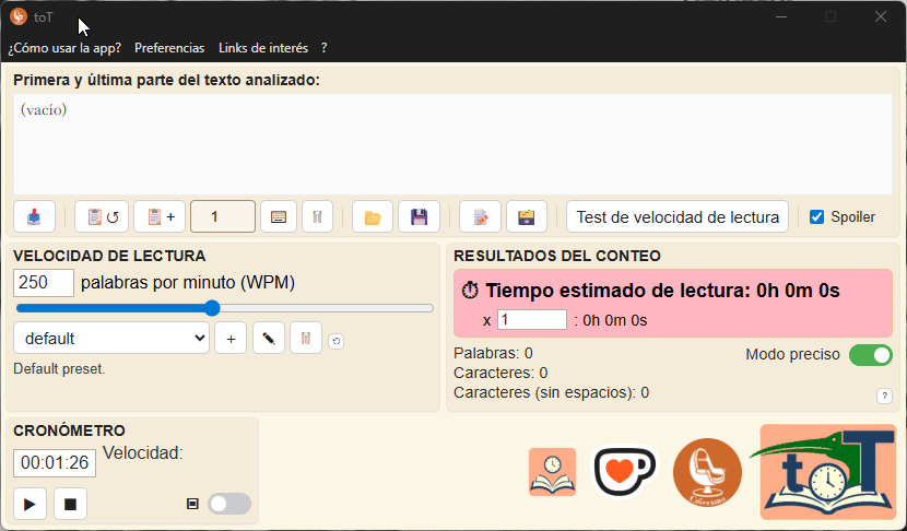 Demostración animada de la app de escritorio toT importando texto, estimando tiempo de lectura y recorriendo sus herramientas principales.